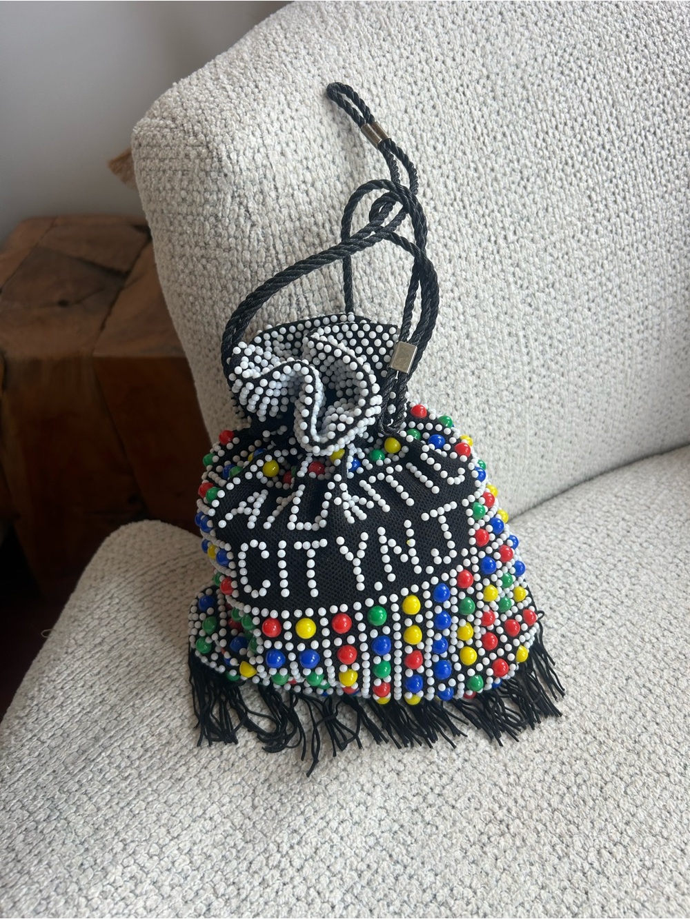 Gorgeous Vintage Black Beaded Mini Drawstring Bag with Multicolor Bead Fringe❤️